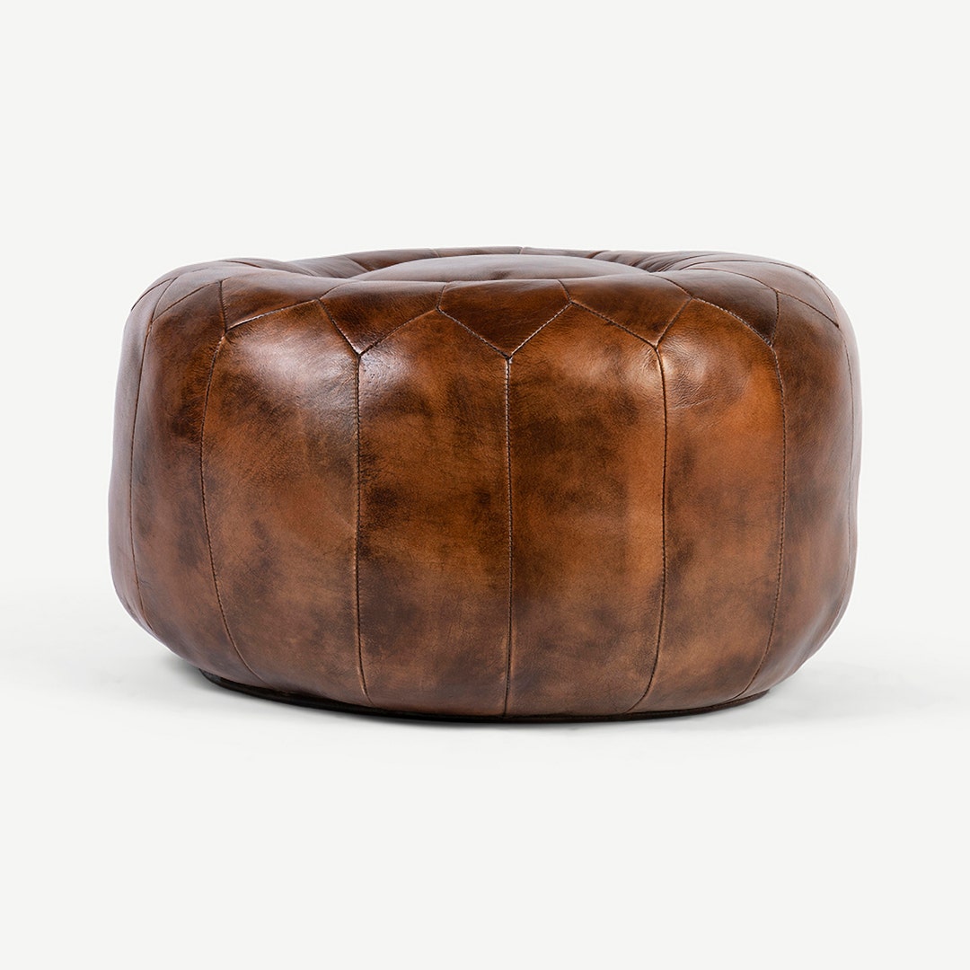 Brown leather pouffe sale