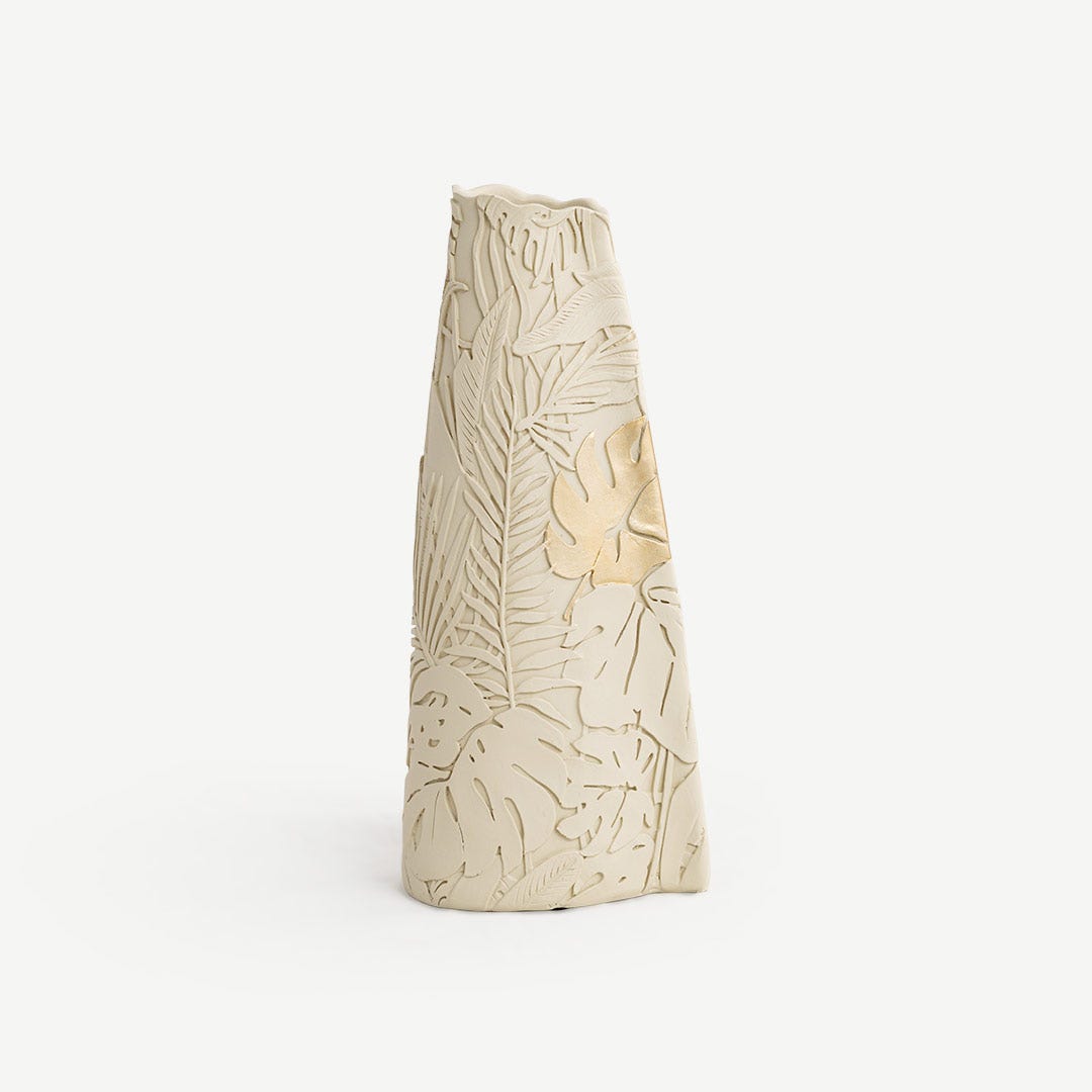 Perseus Décor Vase With Golden Leaf - Ivory