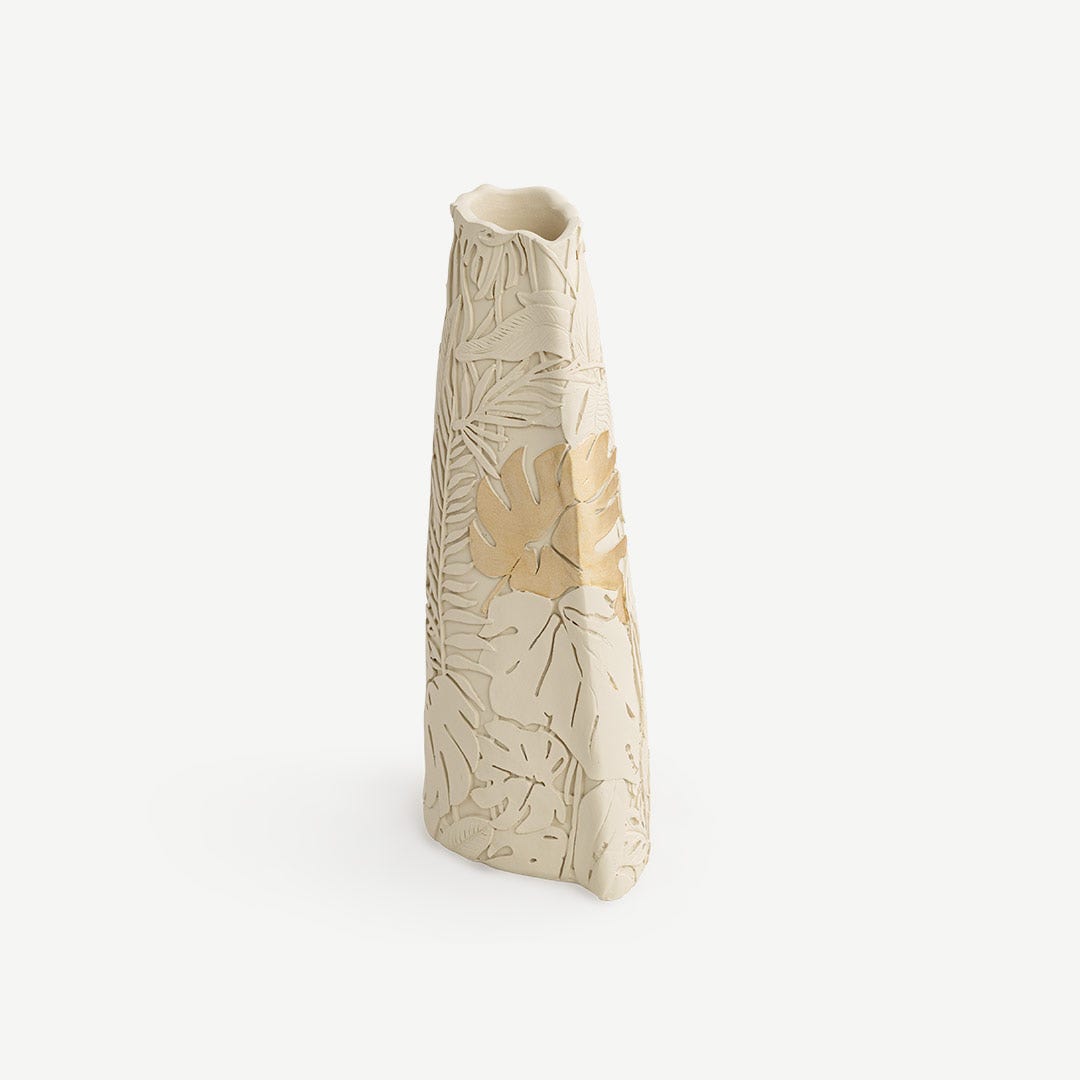 Perseus Décor Vase With Golden Leaf - Ivory